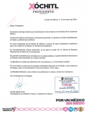 Esta es la carta que Xóchitl Gálvez envió a AMLO para pedir que no quite la bandera del Zócalo durante la ‘Marea Rosa’