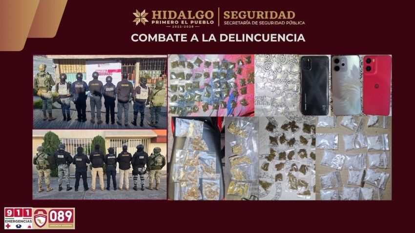 SSPH ejecuta dos cateos simultáneos en Tulancingo; asegura a dos hombres, vehículos robados y presunto narcótico