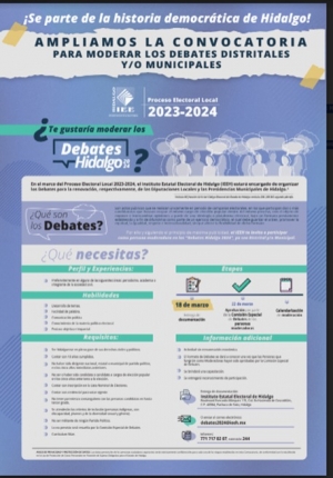 Invitación IEEH convocatoria para moderar los debates distritales y/o municipales