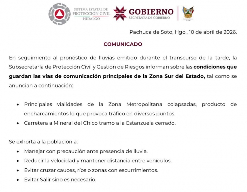 La Subsecretaría de Protección Civil Hidalgo informa