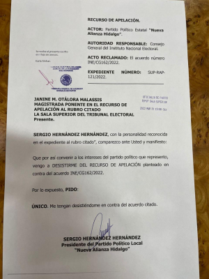 Nueva Alianza Hidalgo se desiste del recurso de apelaci&oacute;n interpuesto ante el Tribunal Electoral en contra de  @caroviggiano, @IEEHidalgo