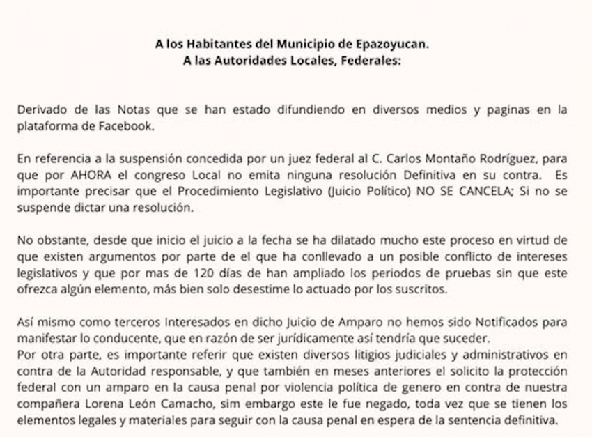 Regidores de Epazoyucan aclaran situación legal del juicio politico en contra del alcalde